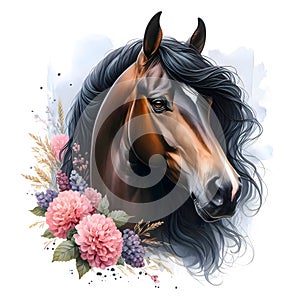 Black horse. Flowers. Head. Stallion. Portrait. Watercolor. Isolated illustration on a white background. Banner. Close