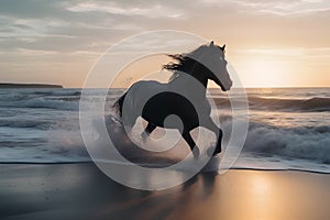 Black horse galloping on the beach at sunset. 3d rendering