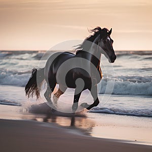 Black horse galloping on the beach at sunset. Beautiful landscape.