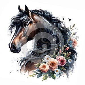 Black horse. Head. Stallion. Portrait. Watercolor. Isolated illustration on a white background. Banner. Close-up