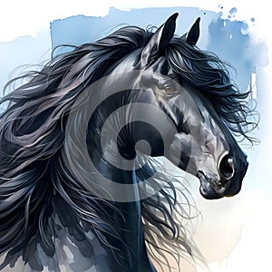 Black Horse. Head. Stallion. Portrait. Watercolor paint. Isolated illustration on a white background. Banner. Close-up