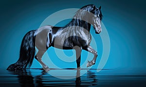 Black horse with long mane running in water on dark blue background