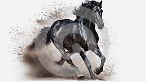 Black horse with long mane runs gallop in dust on white background.