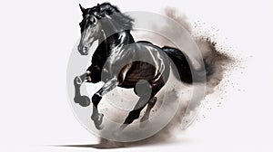 Black horse with long mane runs gallop in dust on white background.