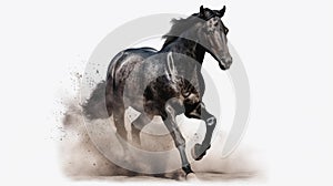 Black horse with long mane runs gallop in dust on white background.