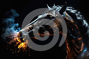 Black horse nose and lips in snow and frozen whiskers close-up. Horse breathing in a cold weather producing.