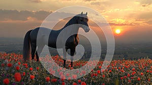 Majestic Black Stallion in Poppy Field at Sunset