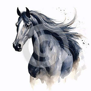 Black horse portrait isolated on transparent background. Watercolour illustration.