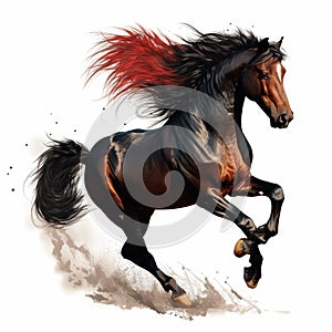 A black horse with a red mane gallops on a white background close-up, beautiful illustration