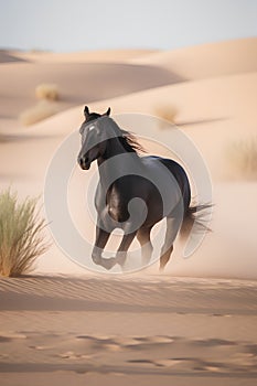 Black Horse Running in the Desert - 3d Rendered Illustration