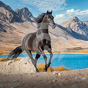 black horse running in desert near blue lake and mountain , generated by AI