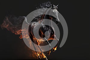 Black horse running between fire flame. Generative AI. Generative AI
