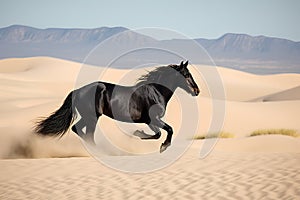 Black horse running in the sand dunes of the desert. 3d rendering