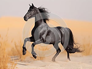 Black horse runs on the sand in the desert