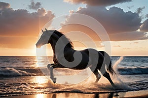 Black horse runs in the water of the sea sunset.