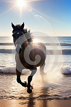 Black horse runs in the water of the sea sunset.