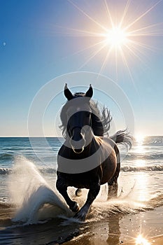 Black horse runs in the water of the sea sunset.