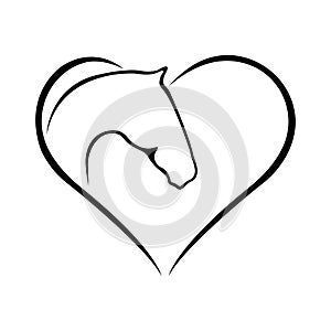 Black horse in the shape of a heart. Animal love concept. The design is suitable for printing logo, icon