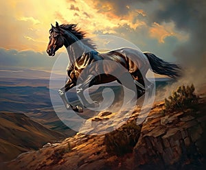 Black Horse on a Top of Hill at Sunset .AI generated Illustration