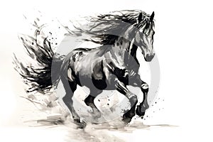 Black horse traditional chinese ink painting on white background. Animals.