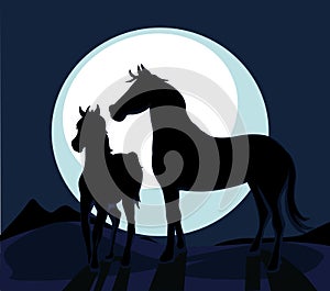 Black Horses Silhouette - Mare and Foal in front of Midnight Moon - Vector
