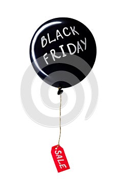 Black hot air balloon with white Black Friday lettering and red Sale price tag, isolated on white background, vertical