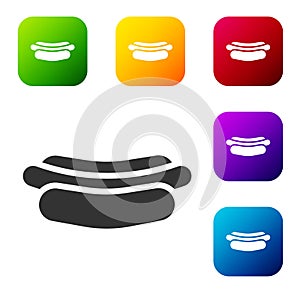 Black Hotdog sandwich icon isolated on white background. Sausage icon. Fast food sign. Set icons in color square buttons