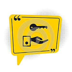 Black Hotel door lock key icon isolated on white background. Yellow speech bubble symbol. Vector