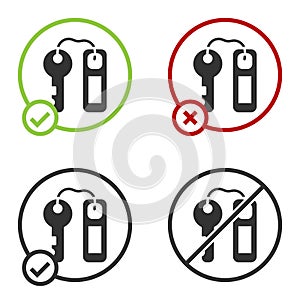 Black Hotel door lock key with number tag icon isolated on white background. Circle button. Vector