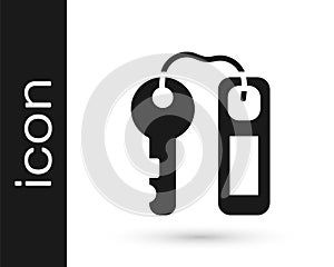 Black Hotel door lock key with number tag icon isolated on white background. Vector