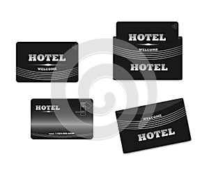 Black hotel RFID key card with keycard sleeve holder, vector. Plastic card case