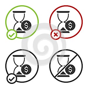 Black Hourglass with dollar icon isolated on white background. Money time. Sandglass and money. Growth, income, savings