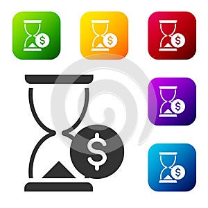 Black Hourglass with dollar icon isolated on white background. Money time. Sandglass and money. Growth, income, savings