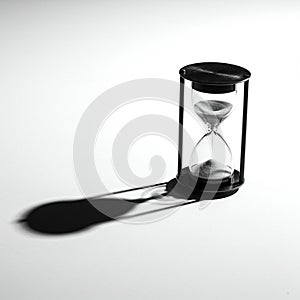 A black hourglass with fine sand is positioned on a smooth, white surface. It casts a