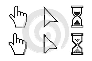 Black hourglass loading clock, pointer hand and arrow mouse cursors icon sign