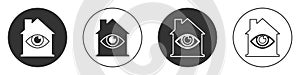 Black House with eye scan icon isolated on white background. Scanning eye. Security check symbol. Cyber eye sign. Circle