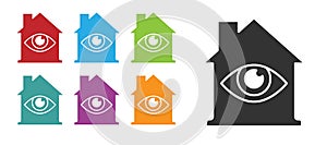 Black House with eye scan icon isolated on white background. Scanning eye. Security check symbol. Cyber eye sign. Set