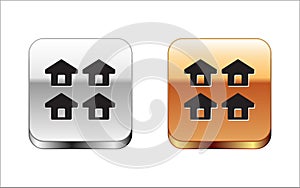 Black House icon isolated on white background. Real estate agency or cottage town elite class. Silver and gold square