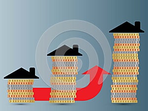 Black house roofs on a pile of coins and a red arrow upwards