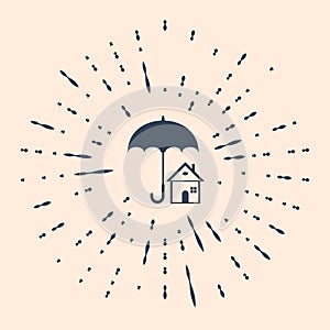 Black House with umbrella icon isolated on beige background. Real estate insurance symbol. Protection, safety, security