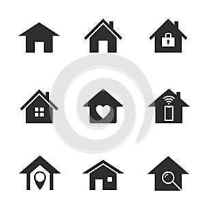 Black houses silhouettes. House icons, smart home service. Web homepage buttons, security locations and residential