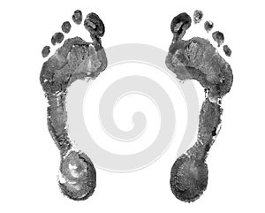 Black human footprint white background isolated close up, adult foot print pattern illustration, barefoot footstep silhouette mark