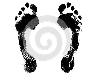 Black human footprint white background isolated closeup, barefoot person foot print pattern illustration, footstep silhouette mark