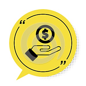 Black Human hand giving money icon isolated on white background. Receiving money icon. Yellow speech bubble symbol