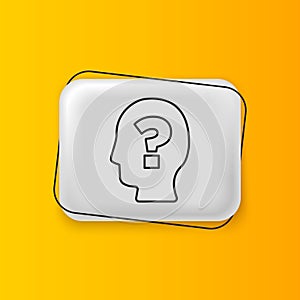 Black Human head with question mark icon isolated on yellow background. Silver rectangle button. Vector