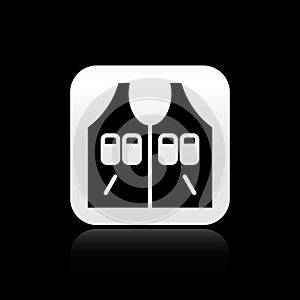 Black Hunting jacket icon isolated on black background. Hunting vest. Silver square button. Vector