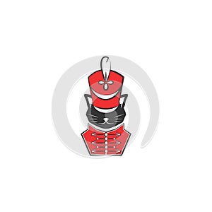 Black Hussar cat with red shako cap and red dolman. Original logo concept isolated on white