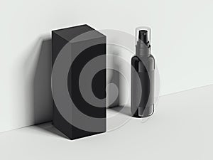 Black hygiene container and balck box in bright studio. 3d rendering photo