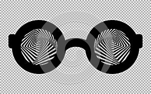 Black hypnotic glasses isolated on a transparent background. Vector illustration.