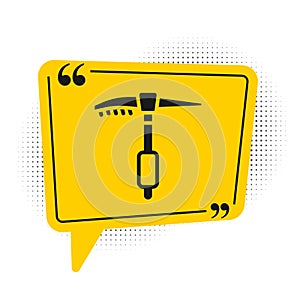 Black Ice axe icon isolated on white background. Montain climbing equipment. Yellow speech bubble symbol. Vector